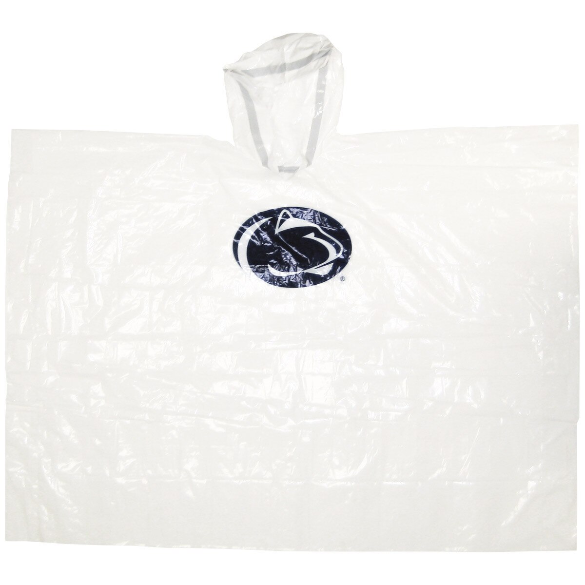 white plastic adult rain poncho with Penn State Athletic Logo on chest